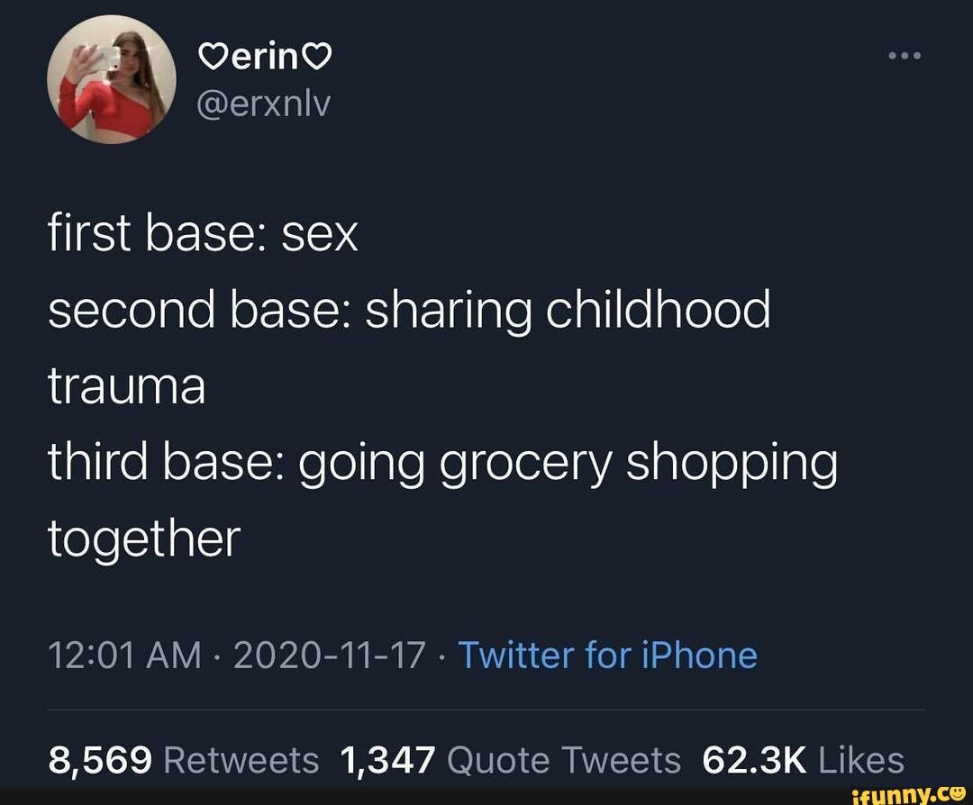 First base: sex second base: sharing childhood trauma third base: going  grocery shopping together AM 2020-11-17 Twitter for iPhone 1,347 62.3K -  iFunny