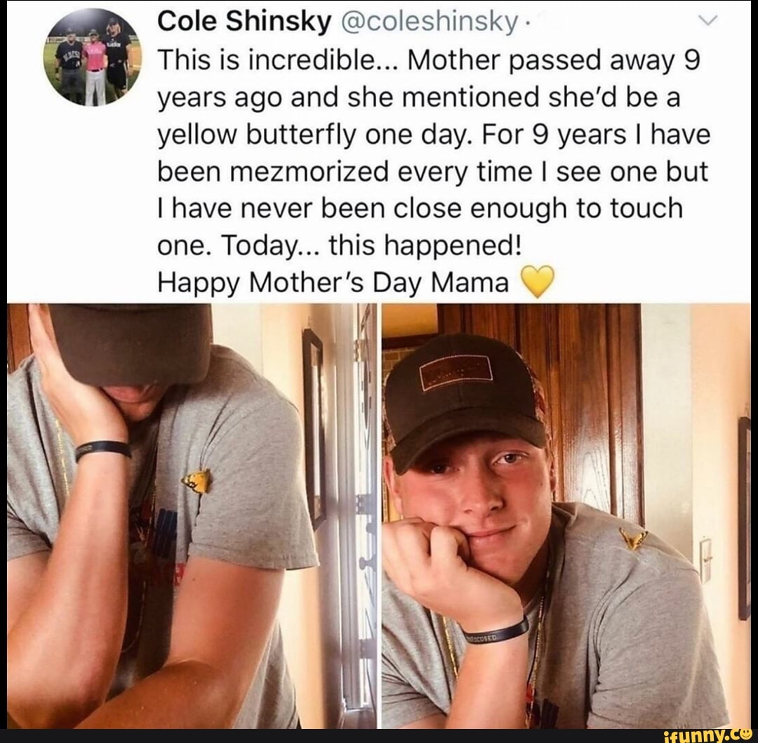 Cole Shinsky @coleshinsky This is incredible... Mother passed away 9
years ago and she mentioned she'd be a
yellow butterfly one day. For 9 years I have
been mezmorized every time I see one but
I have never been close enough to touch
one. Today... this happened!
Happy Mother's Day Mama