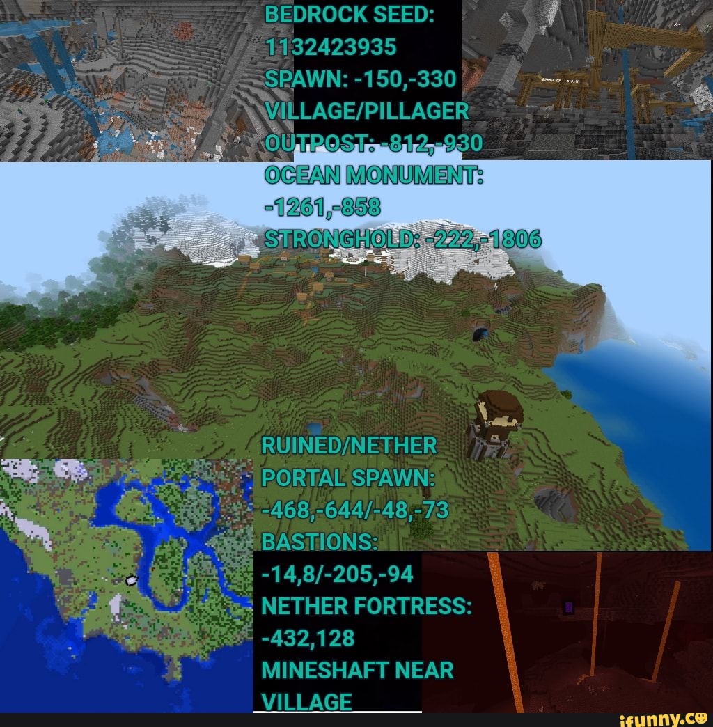 BEDROCK SEED 1132423935 180,330! PILLAGER OUTPOSTs MONUMENTS