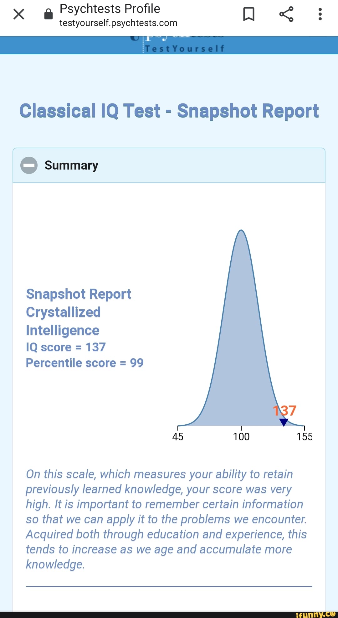 Xx Psychtests Profile Classical Iq Test Snapshot Report Summary Snapshot Report Crystallized Intelligence Iq Score 137