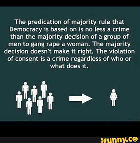 The predicatlon of majority rule that
Democracy is based on is no less a crime
than the majon'ty decision of a group of
men to gang rape a woman. The majority
decision doesn't make it right. The violation
of consent is a crime regardless of who or
what does it.