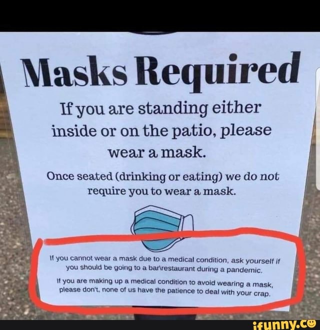 Masks Required If you are standing either inside or on the patio