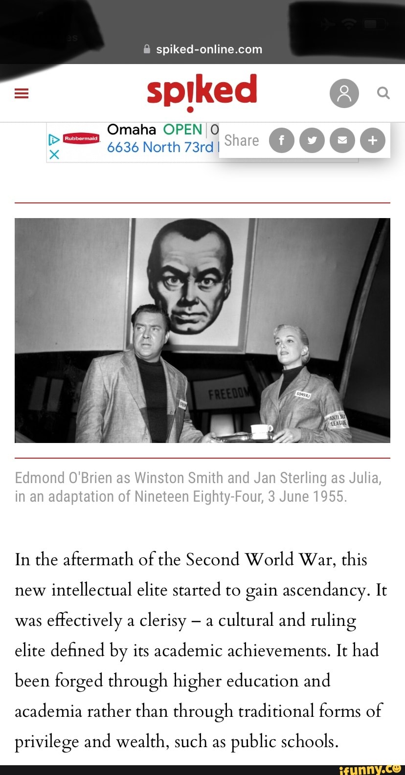 Omaha OPEN share Edmond O'Brien as Winston Smith and Jan Sterling as