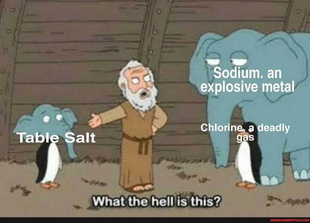 Sodium. an explosive metal
Chlorine, a deadly
Table Salt
as aa
me
What the hell is this?