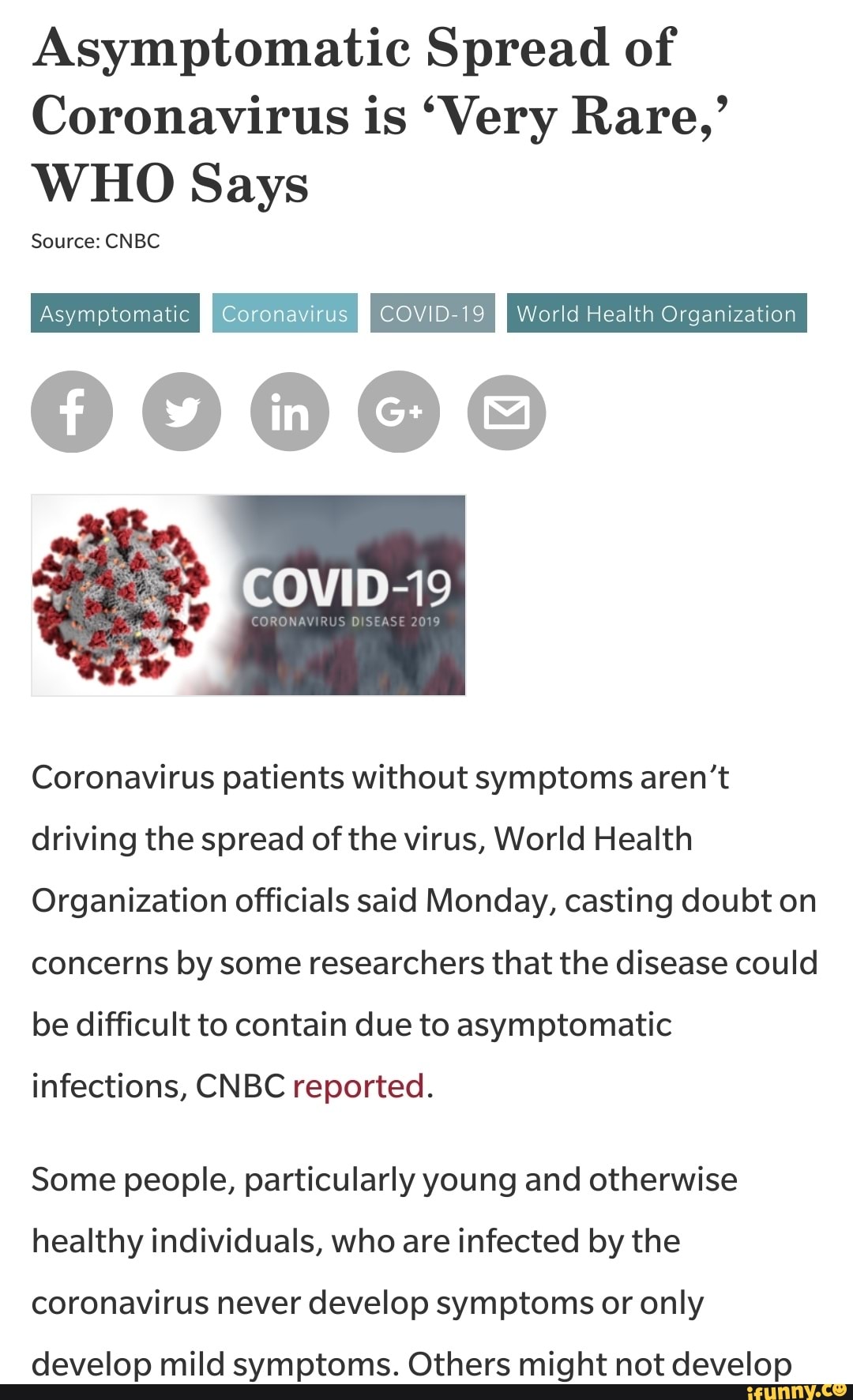 Asymptomatic Spread of Coronavirus is 'Very Rare,' WHO Says Source ...