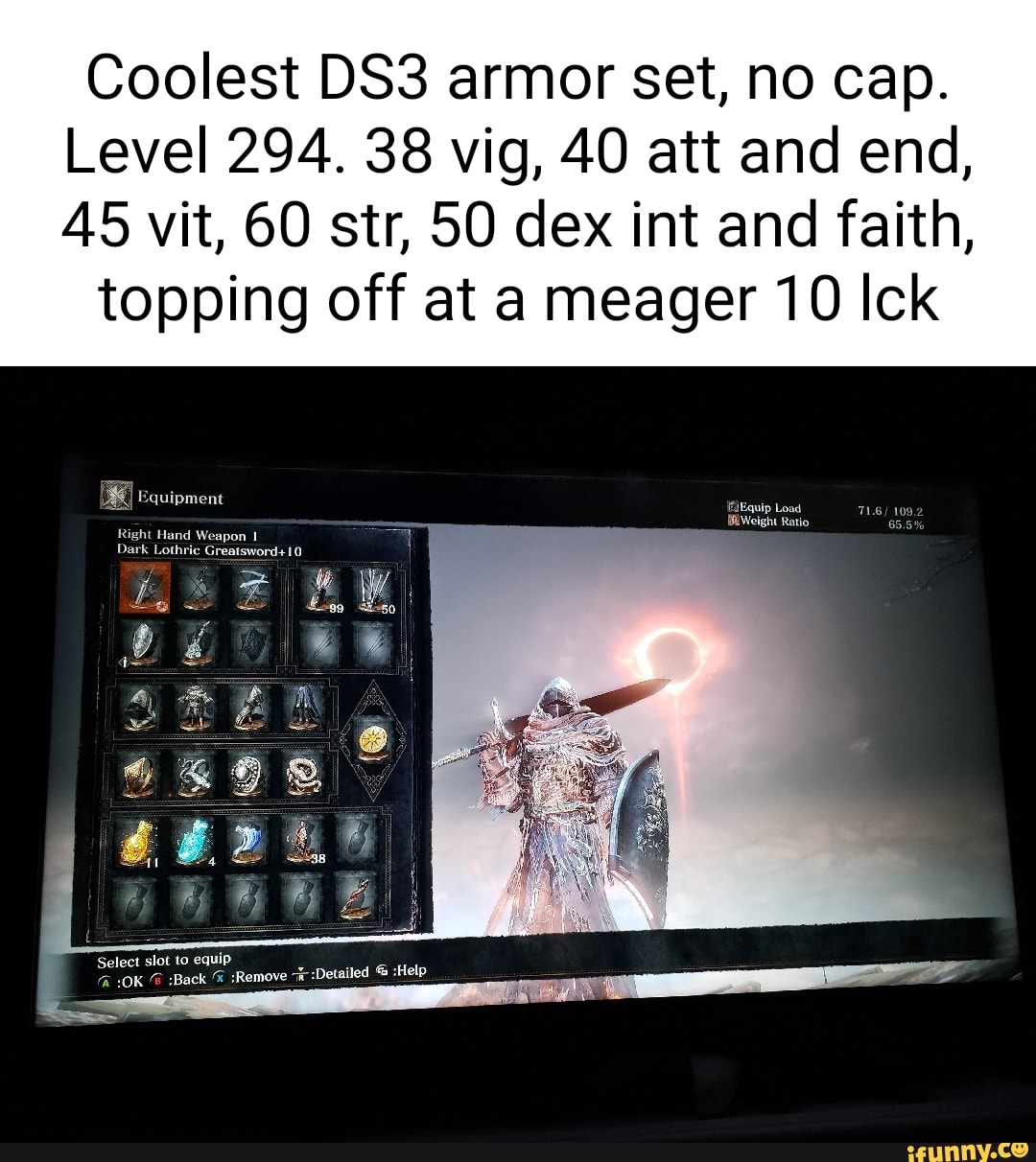 Coolest armor set, no cap. Level 294. 38 vig, 40 att and end, 45 vit