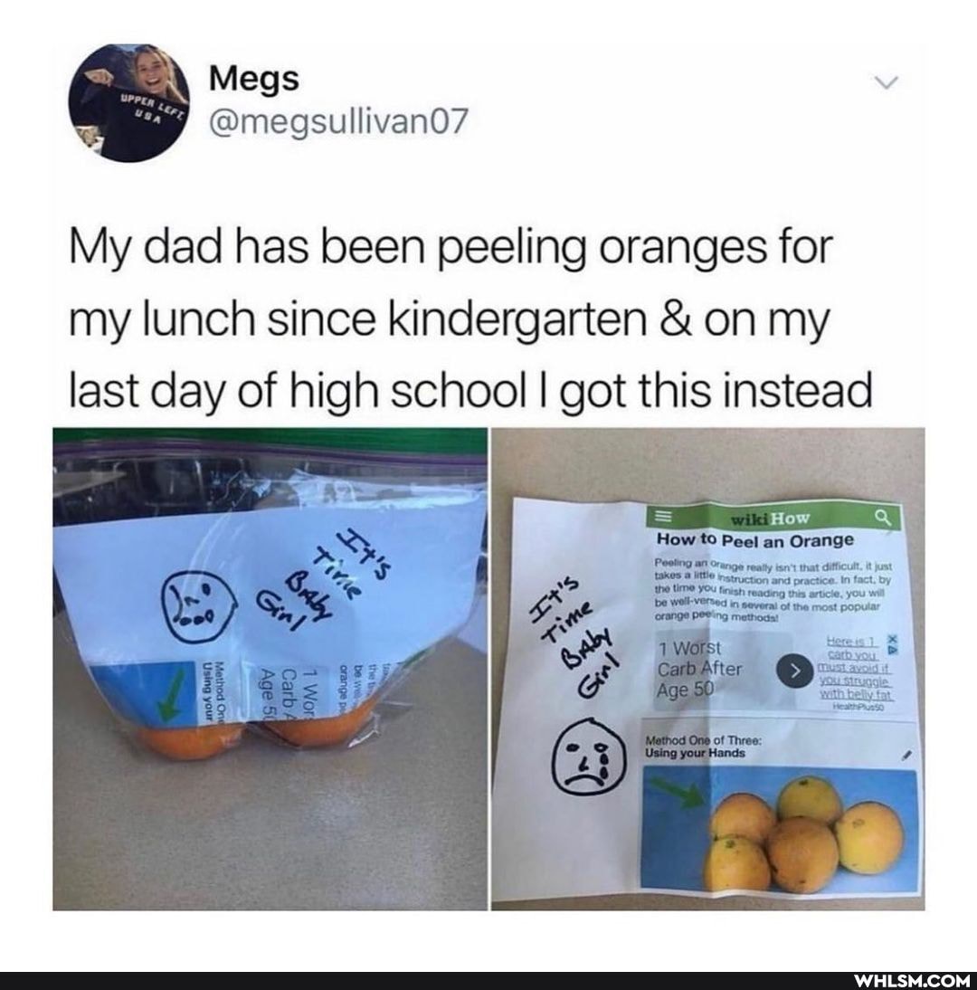 Megs
My dad has been peeling oranges for my lunch since kindergarten & on my last day of high school I got this instead
Peal
areal tact. by
