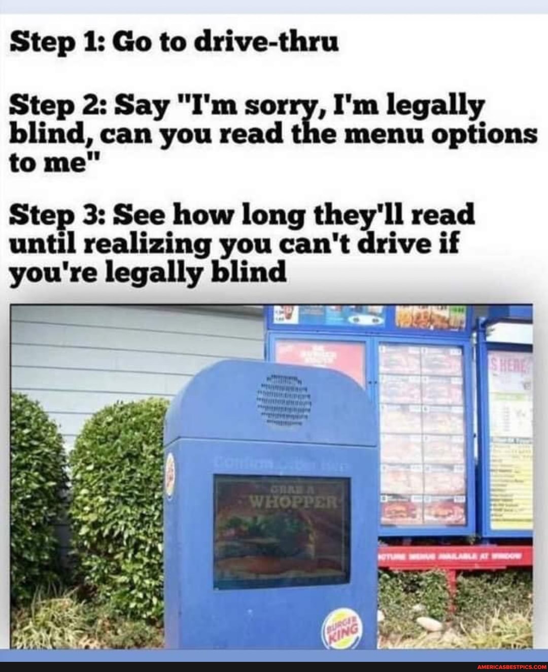 Step 1: Go to drive-thru
Step 2: Say "I'm sorry, I'm legally blind, can you read the menu options to me"
Step 3: See how long they'll read
until realizing you can't drive if
you're legally blind