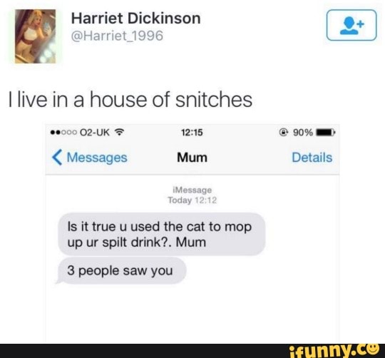 I live in a house of snitches Messages Mum Details
pr
Is it true u used the cat to mop
up ur spilt drink?. Mum
3 people saw you