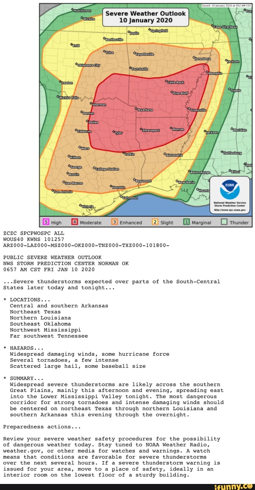 PUBLIC SEVERE WEATHER OUTLOOK NWS STORM PREDICTION CENTER NORMAN OK 0657 AM CST FRI JAN 10 2020