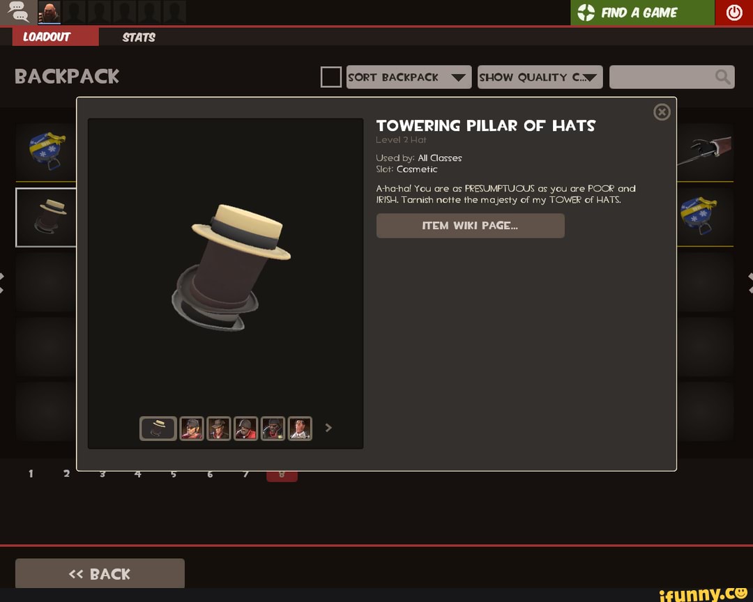 FIND A GAME LoADOUT STATS BACKPACK TOWERING PILLAR OF HATS Level 2 Hat