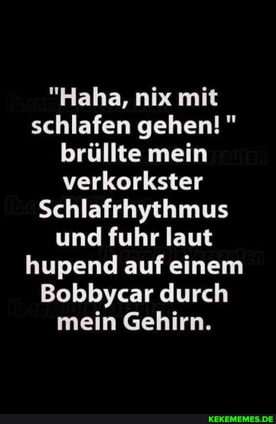 "Haha, nix mit schlafen gehen!" brüllte mein verkorkster
Schlafrhythmus und fuhr laut hupend auf einem
Bobbycar durch mein Gehirn.