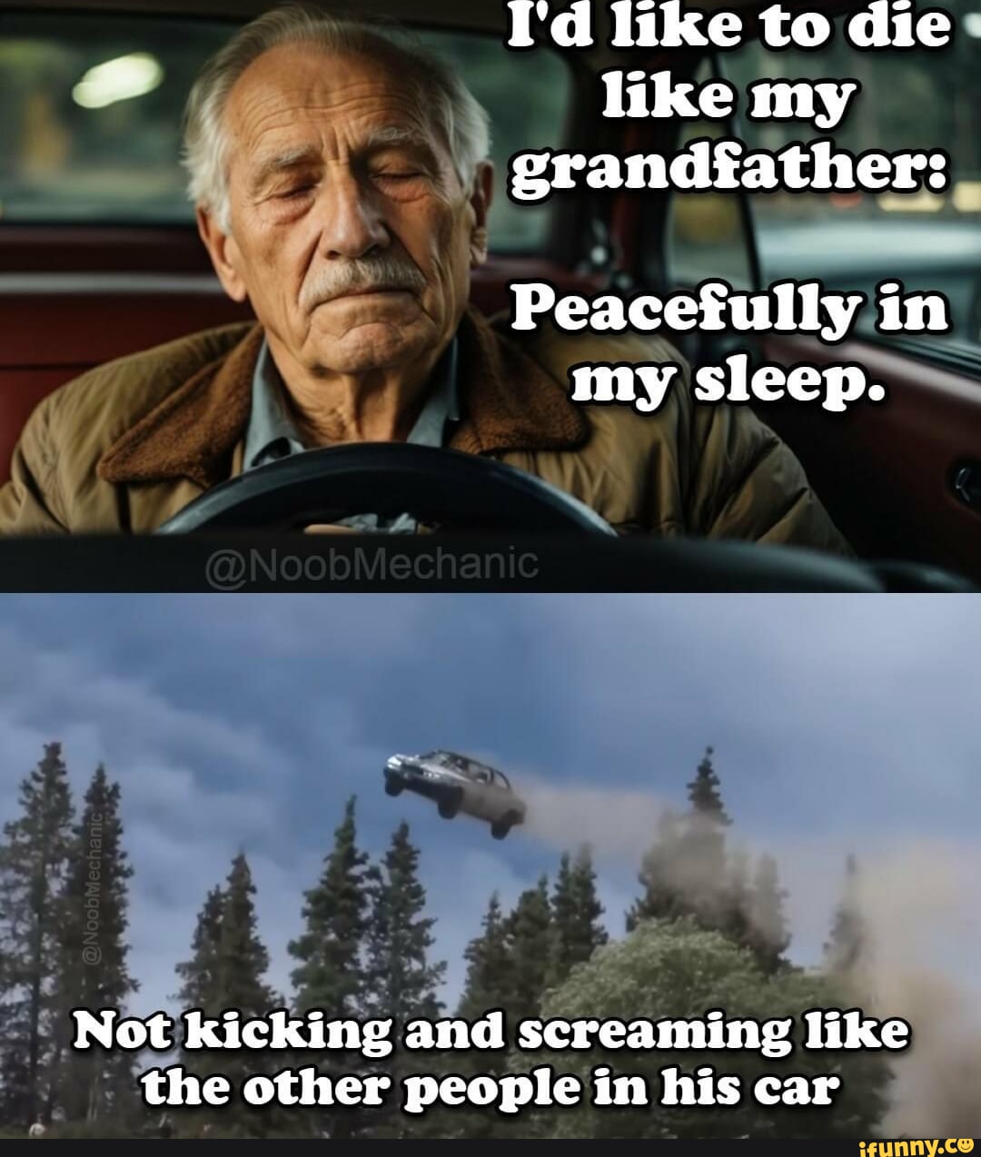 I'd like to die like my grandfather Peacefully in my sleep. Not kicking and screaming like the