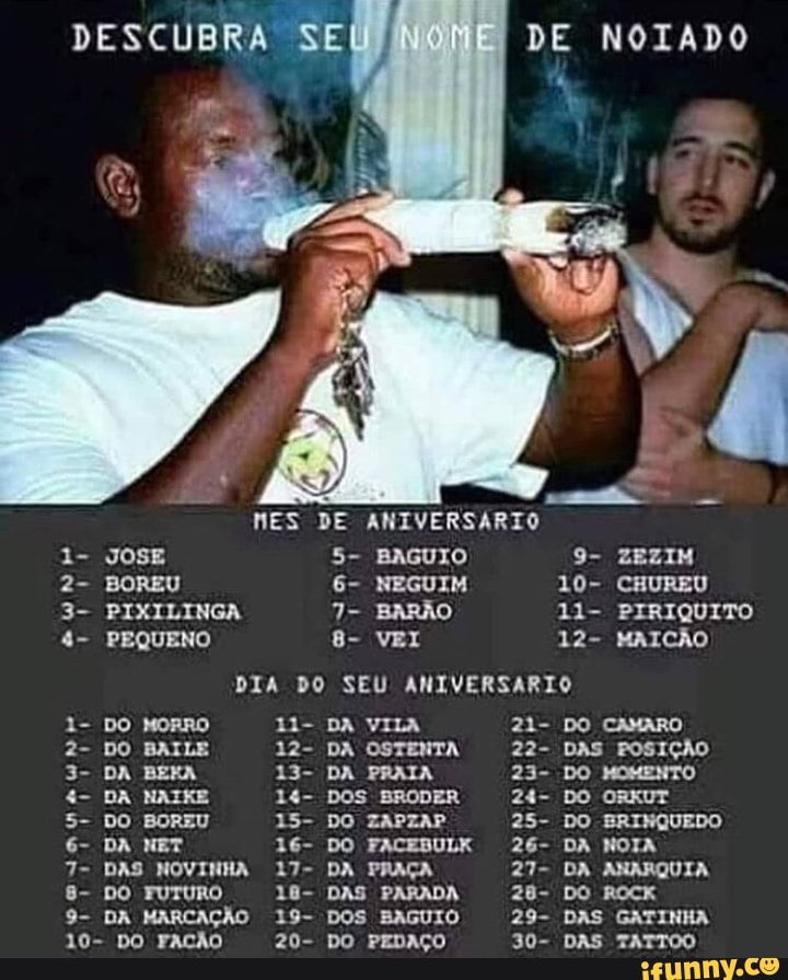 JOSE 5- BAGUIO 9- ZEZIM
BOREU 6- NEGUIM 10- CHUREU
PIXILINGA 7- BARÃO 11- PIRIQUITO
PEQUENO
DIA DO SEU ANIVERSARIO
DO MORRO 11- DA VILA 21- DO CAMARO
DO BAILE 12- DA OSTENTA 22- DAS POSIÇÃO
DA BEKA 13- DA PRAIA 23- DO MOMENTO
DA NAIKE 14- DOS BRODER Z4- DO ORKUT
DO BOREU 15- DO ZAPZAP 25- DO BRINQUEDO
DA NET 16- DO FACEBULK 26- DA NOIA
DAS NOVINHA 17- DA PRAÇA 27- DA ANARQUIA
DO FUTURO 18- DAS PARADA 28- DO ROCK
DA MARCAÇÃO 19- DOS BAGUIO 29- DAS GATINHA
DO FACÃO 20- DO PEDAÇO 30- DAS TATTOO