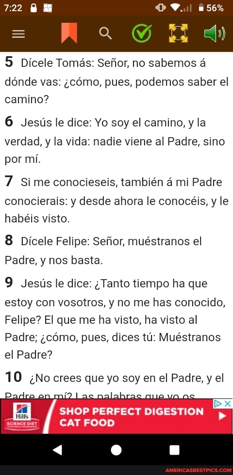 56%
ill
5 Dicele Tomas: Sefior, no sabemos a
donde vas: .como, pues, podemos saber el camino?
6 Jesus le dice: Yo soy el camino, y la verdad, y la vida: nadie viene al Padre, sine por mi.
7 Sime conocieseis, tambien a mi Padre conocierais: y desde ahora le conoceis, y le habeis visto
8 Dicele Felipe: Sefior, muestranos el
Padre, y nos basta
9 Jesus le dice cTanto tempo ha que estoy con vosotros, y no me has conocido,
Felipe? El que me ha visto, ha visto al
Padre; ,como, pues, dices tu: Muestranos el Padre?
10 .No crees que yo soy en el Padre, y el
SHOP PERFECT DIGESTION >
CAT FOOD