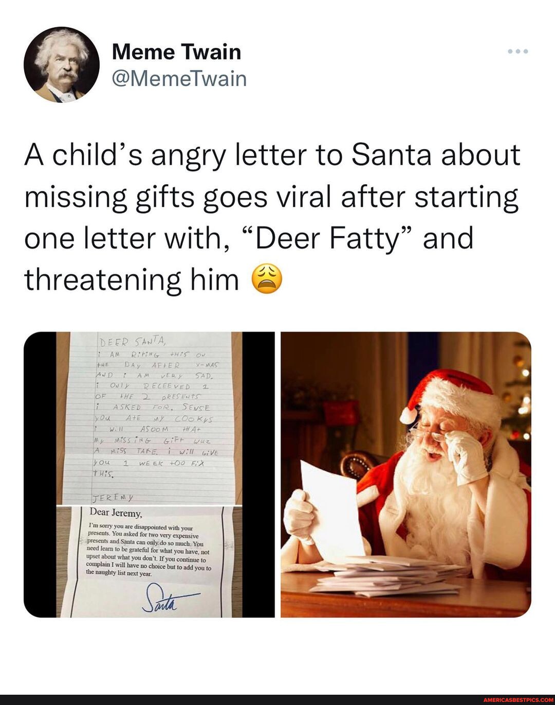 Meme Twain A child's angry letter to Santa about missing gifts goes