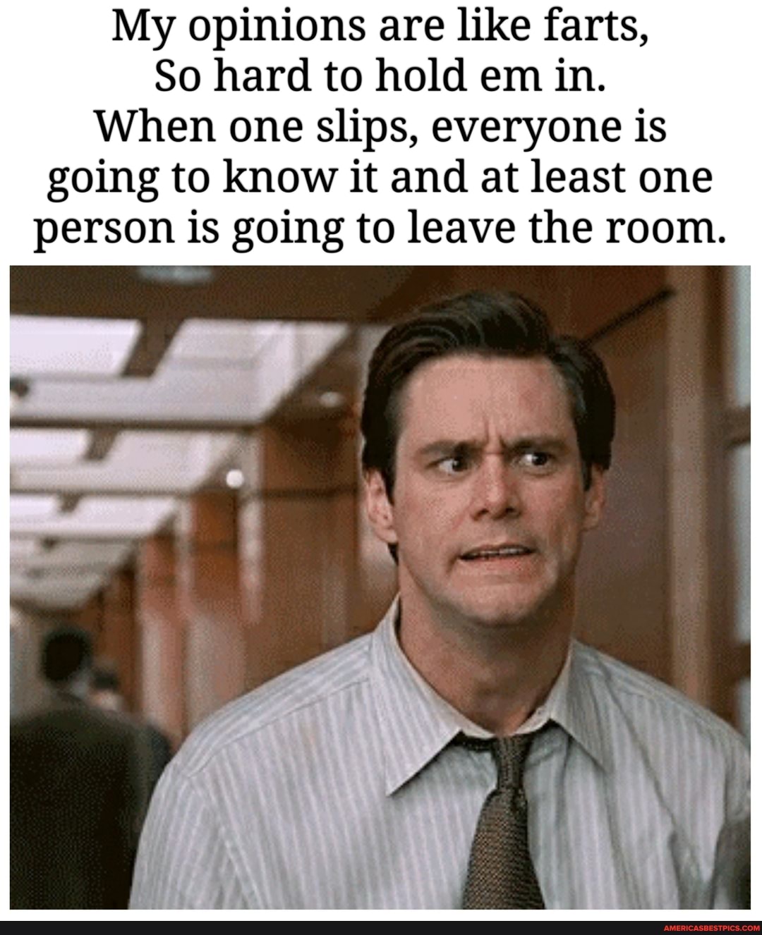 My opinions are like farts,
So hard to hold em in.
When one slips, everyone is going to know it and at least one person is going to leave the room.