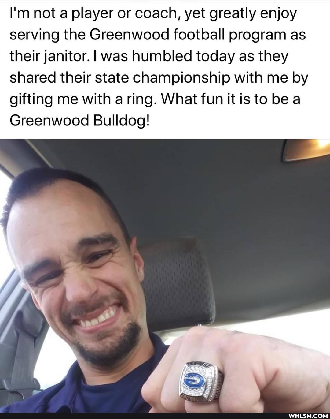 I'm not a player or coach, yet greatly enjoy serving the Greenwood football program as their janitor. I was humbled today as they shared their state championship with me by gifting me with a ring. What fun it is to be a
Greenwood Bulldog!