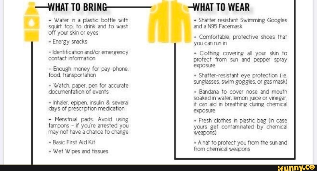 Identií cahon and/or emergency
contact information
Enough money for pay-phone,
food. transportation
Watch, paper. pen for accurate
documentation of events
inhaler. insulin several
Basic First Aid Kit
Clothing covering all your skin to
Protect from sun and pepper spray
exposure
Shatter-resistant eye protection (ie.
sunglasses, swim goggles, or gas mask)
Bandana to cover nose and mouth
soaked in water, lemon juice or vinegar,
Ahat to protect you from the sun and
from chemica weapons