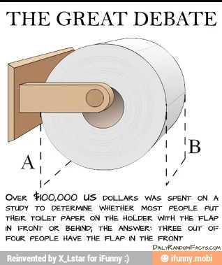 THE GREAT DEBATE
Over $00,000 US DOLLARS WAS SPENT ON A
STUDY TO DETERMNE WHETHER MOST PEOPLE Pur
THEIR TOLET PAPER ON THE HOLDER WITH THE FLAP
IN FRONT OR BEHIND; THE ANSWER: THREE Our OF
FOUR PEOPLE HAVE THE FLAP IN THE FRONT
so ON