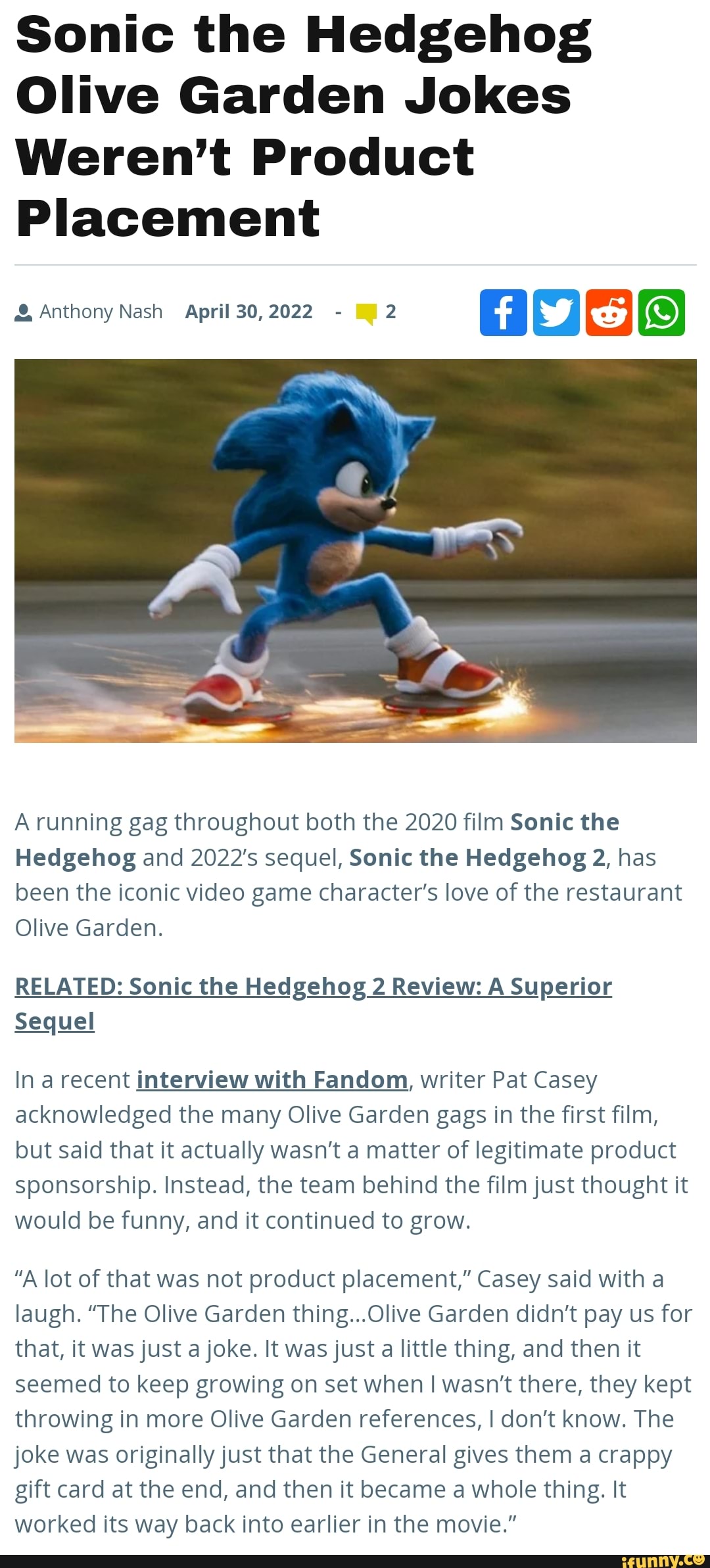 Sonic the Hedgehog Olive Garden Jokes Weren't Product Placement