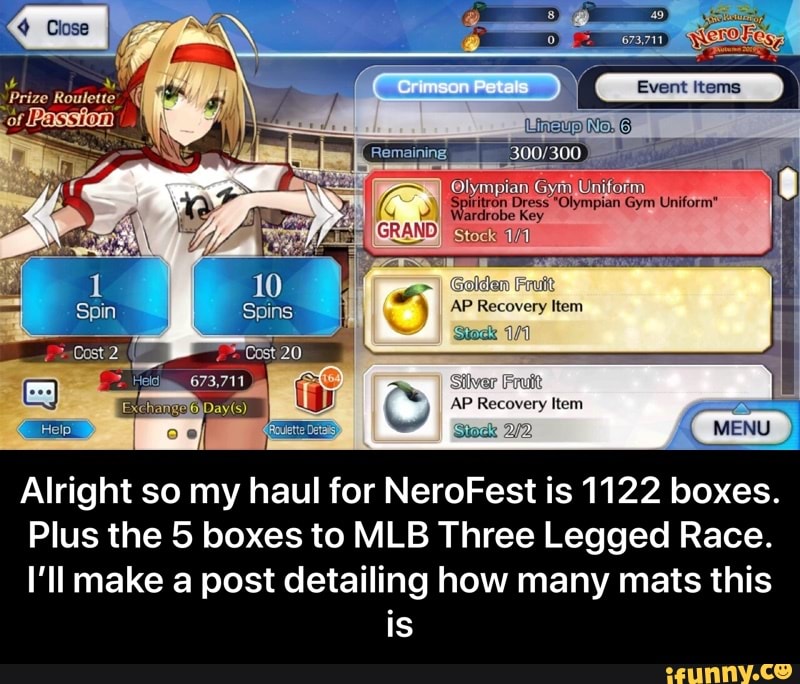 Alright so my haul for NeroFest is 1122 boxes.
Plus the 5 boxes to MLB Three Legged Race.
I'll make a post detailing how many mats this
is - Alright so my haul for NeroFest is 1122 boxes. Plus the 5 boxes to MLB Three Legged Race. I’ll make a post detailing how many mats this is