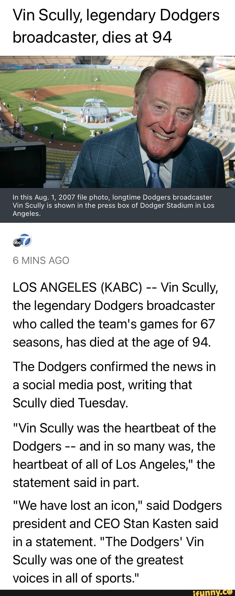 Los Angeles Dodgers: Legendary announcer Vin Scully dies at 94