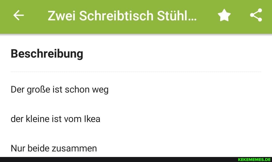 Zwei Schreibtisch Stühl..
Beschreibung
Der große ist schon weg der kleine ist vom Ikea
Nur beide zusammen