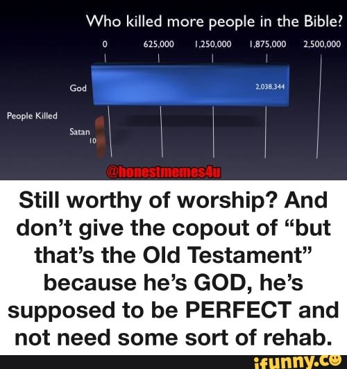 Who killed more people in the Bible?
God
People Killed
625,000 1,250,000 1,875,000 2,500,000
Still worthy of worship? And don't give the copout of "but that's the Old Testament"
because he's GOD, he's supposed to be PERFECT and not need some sort of rehab.