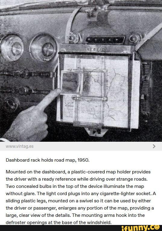 Dashboard rack holds road map, 1950. Mounted on the dashboard, a ...