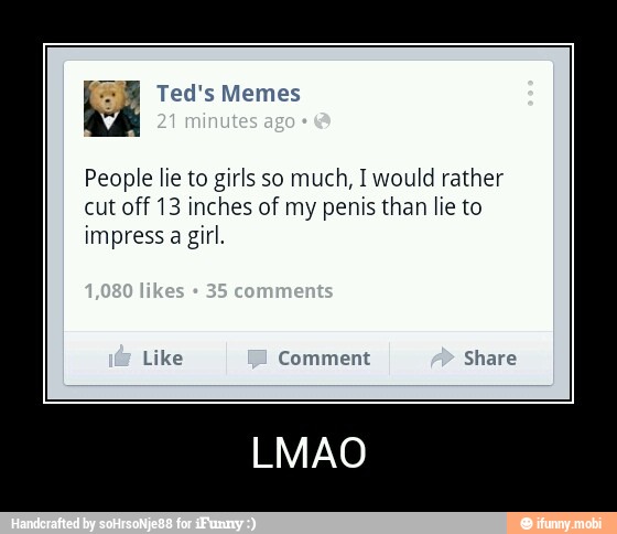 People lie to girls so much, I would rather
cut off 13 inches of my penis than lie to
impress a girl. - LMAO