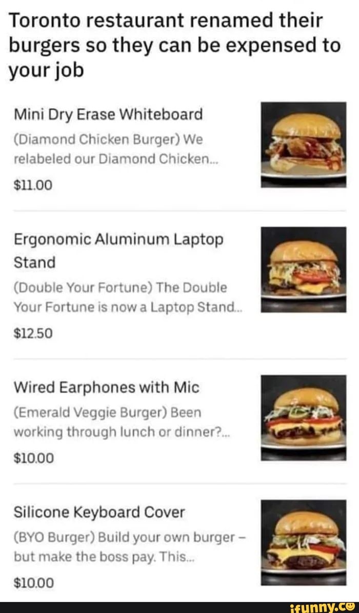 Toronto restaurant renamed their burgers so they can be expensed to
