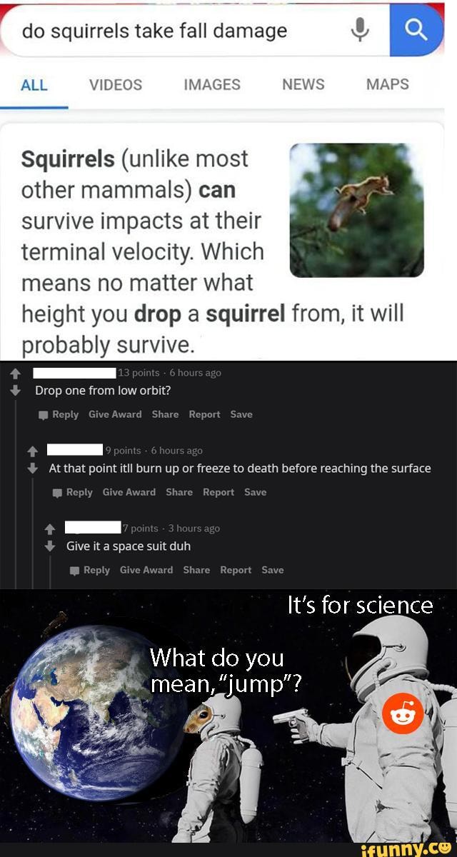 do squirrels take fall damage
Squirrels (unlike most
other mammals) can
survive impacts at their
terminal velocity. Which
means no matter what
height you drop a squirrel from, it will
probably survive.
Drop one from low orbit?
¥ Atthat point itll burn up or freeze to death before reaching the surface