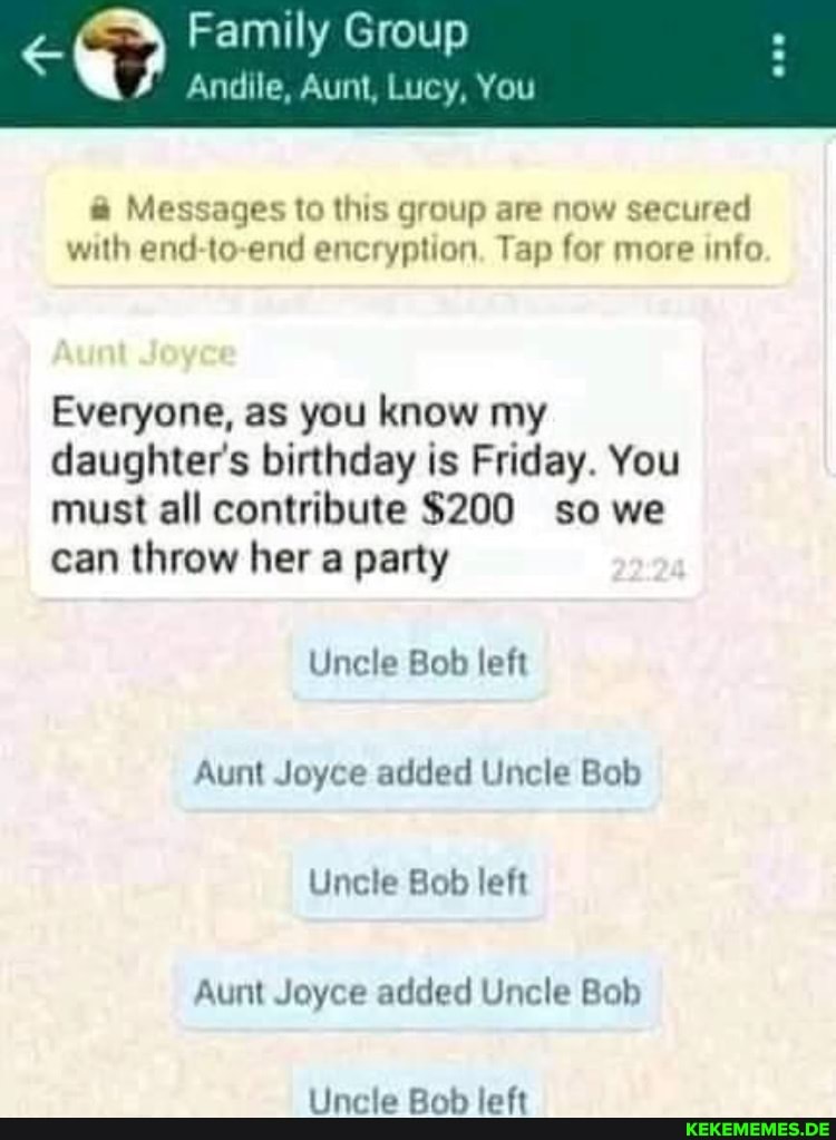 Family Group Andile, Aunt, Luey, You Messages to this group are now secured with