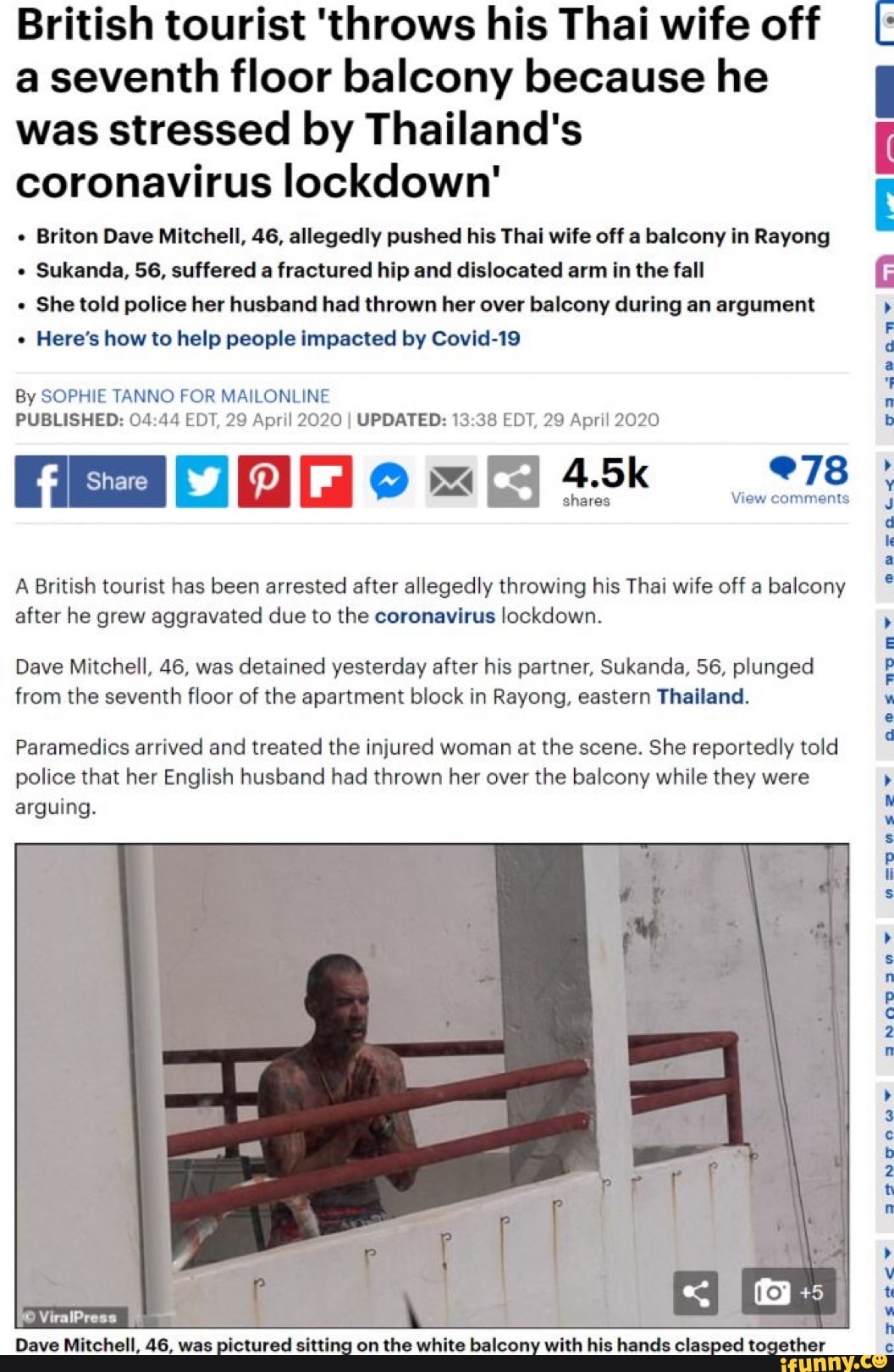 British Tourist Throws His Thai Wife Off A Seventh Floor Balcony Because He Was Stressed By 
