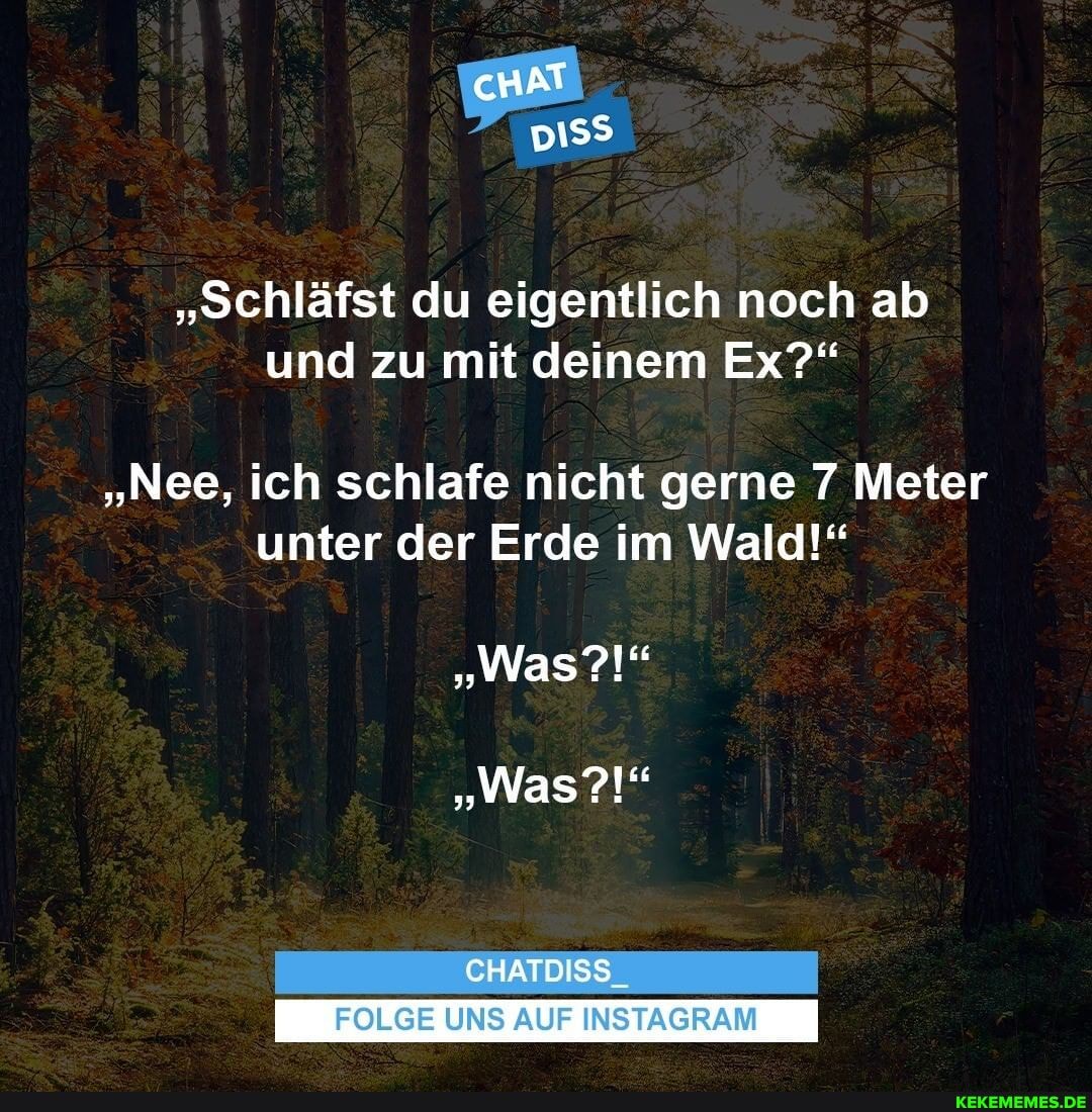 "Schläfst du eigentlich noch ab und zu mit deinem Ex?"
"Nee, ich schlafe nicht gerne 7 Meter unter der Erde im Wald!"
"Was?!"
"Was?!"
CHATDISS
FOLGE UNS AUF INSTAGRAM