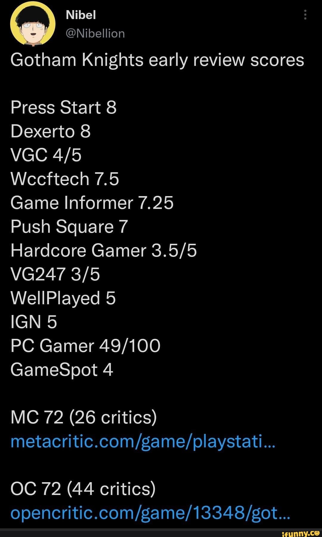 Nibel @Nibellion Gotham Knights early review scores Press Start Dexerto VGC  Wecftech 7.5 Game Informer 7.25 Push Square Hardcore Gamer VG247 WellPlayed  5 IGN 5 PC Gamer GameSpot 4 MC 72 (26 critics) OC 72 (44 critics) - iFunny
