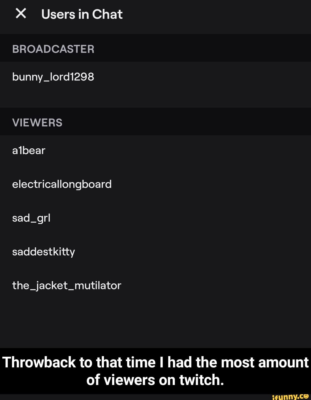 Users in Chat
BROADCASTER
bunny _lordi298
VIEWERS
albear electricallongboard sad _grl saddestkitty
the_jacket_mutilator
Throwback to that time I had the most amount of viewers on twitch. - Throwback to that time I had the most amount of viewers on twitch.