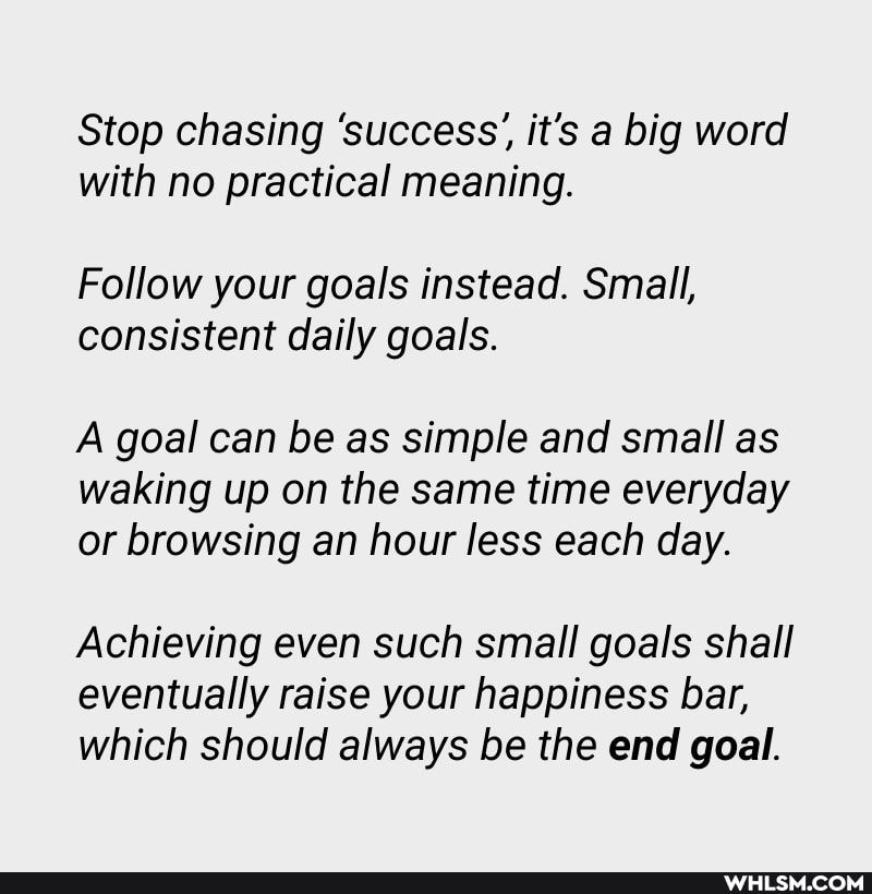 Stop chasing 'success', it's a big word with no practical meaning.
Follow your goals instead. Small, consistent daily goals.
A goal can be as simple and small as waking up on the same time everyday or browsing an hour less each day.
Achieving even such small goals shall eventually raise your happiness bar, which should always be the end goal.
