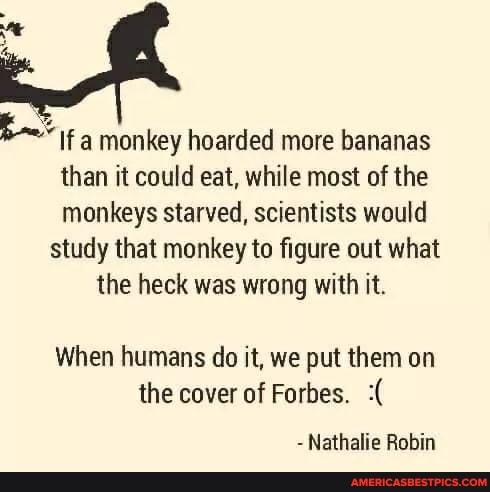 a monkey hoarded more bananas than it could eat, while most of the monkeys starved, scientists would study that monkey to figure out what the heck was wrong with it.
When humans do it, we put them on the cover of Forbes.
- Nathalie Robin