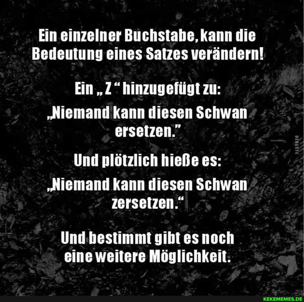 Ein einzelner Buchstabe, kann die
Bedeutung eines Satzes verändern!
Ein "Z" hinzugefügt zu:
"Niemand 'kann diesen Schwan ersetzen."
Und plötzlich hieße es:
"Niemand kann diesen Schwan ersetzen."
gibt es noch eine weitere Möglichkeit: