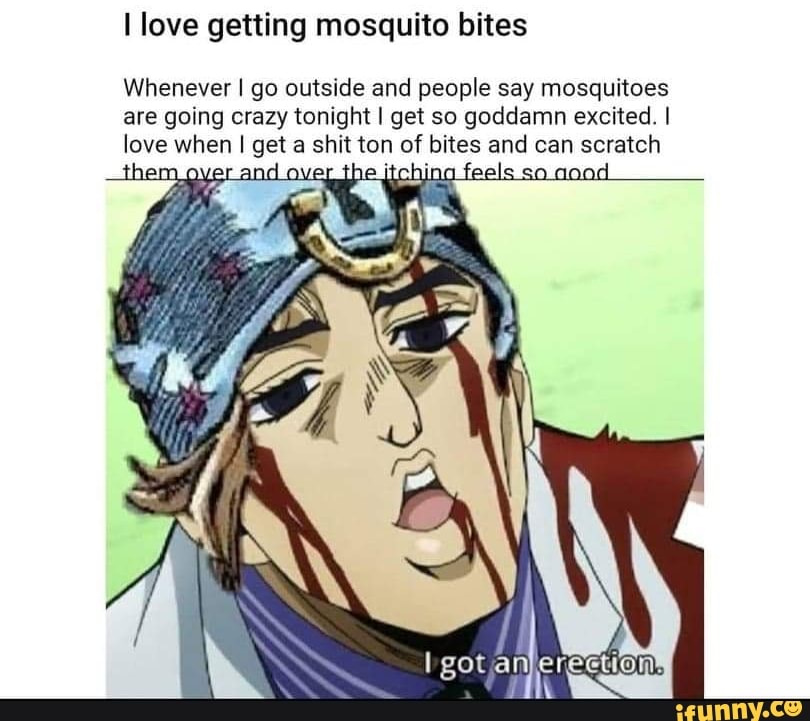 love getting mosquito bites
Whenever I go outside and people say mosquitoes
are going crazy tonight I get so goddamn excited. I
love when I get a shit ton of bites and can scratch er the jtchi
got eree