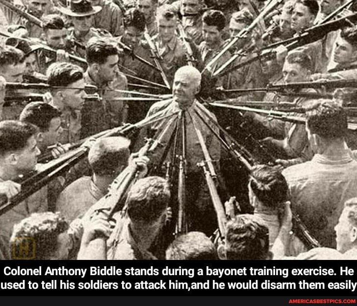 Colonel Anthony Biddle stands during a bayonet training exercise. He used to tell his soldiers to attack him,and he would disarm them easily - Colonel Anthony Biddle stands during a bayonet training exercise. He used to tell his soldiers to attack him,and he would disarm them easily