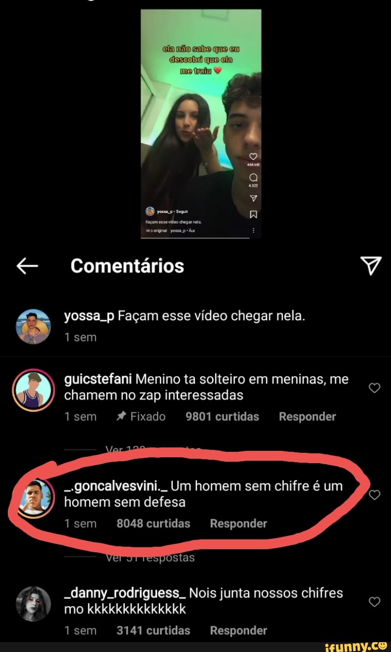 Comentários
yossa p Façam esse vídeo chegar nela.
1 sem
guicstefani Menino ta solteiro em meninas, me chamem no zap interessadas
isem *4Fixado 9807 curtidas Responder
-goncalvesvini.. Um homem sem chifre é um homem sem defesa
8048curtidas Responder
-Sanny. rodriguess.. Nois junta nossos chifres
& mo kkkkkkkkkkkkkk elelele
isem curtidas Responder