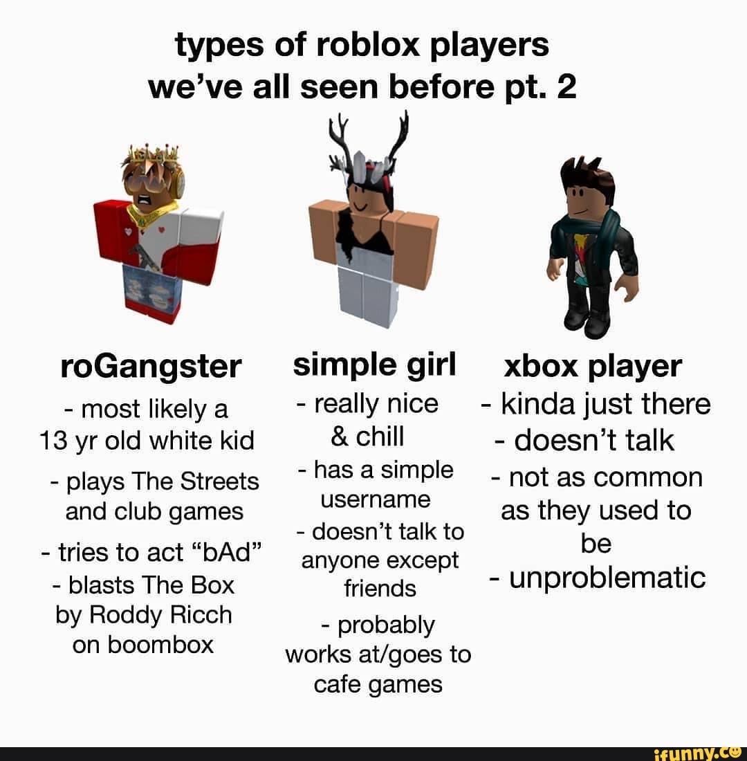 Types Of Roblox Players We Ve All Seen Before Pt 2 Rogangster Simplegirl Xbox Player Most Likely A Really Nice Kinda Just There 13 Yr Old White Kid Chill