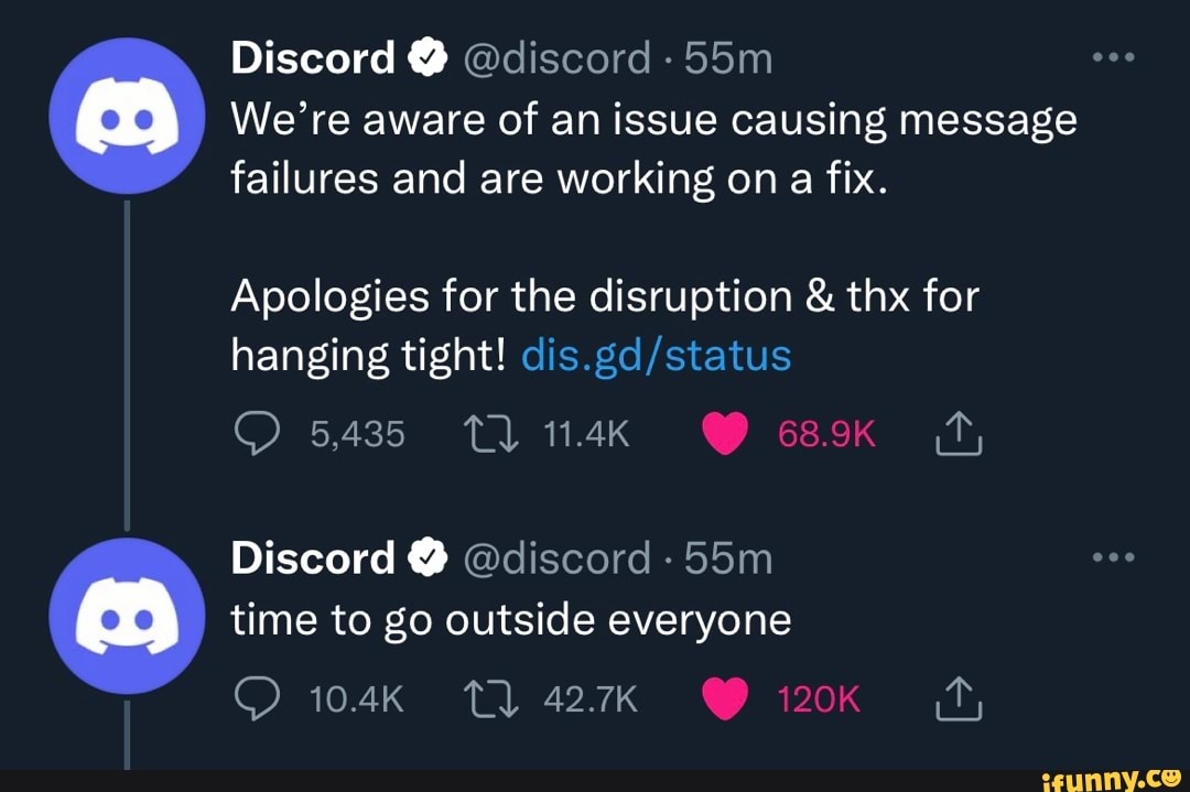 Discord @discord We're aware of an issue causing message failures