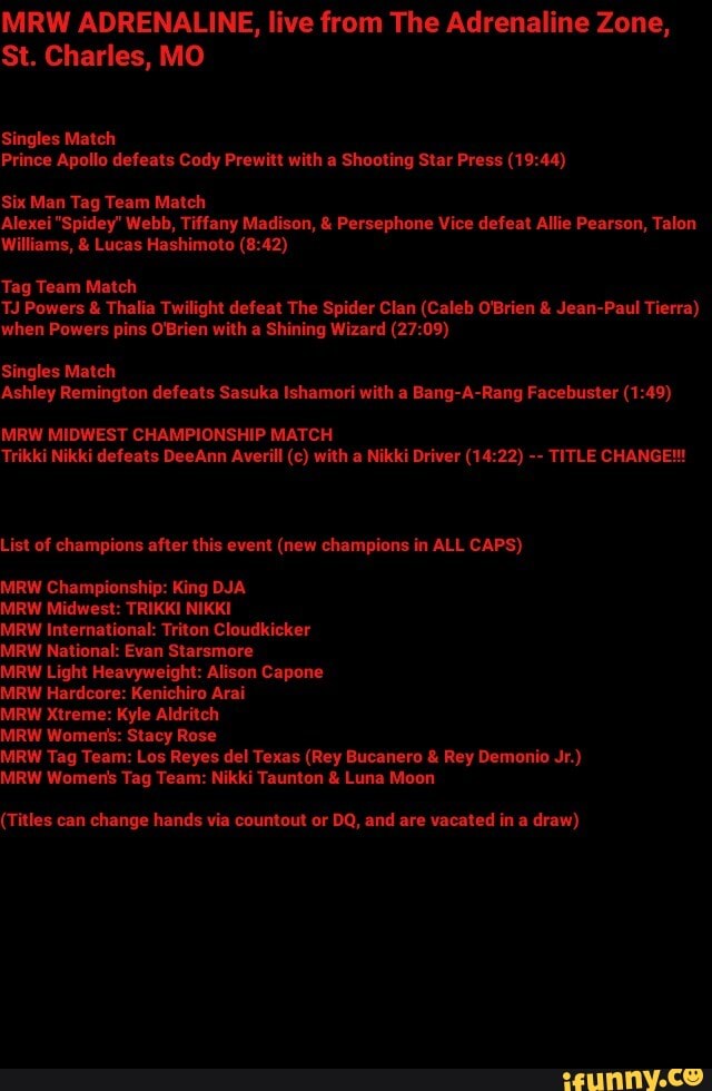 MRW ADRENALINE, live from The Adrenaline Zone, St. Charles, MO Singles