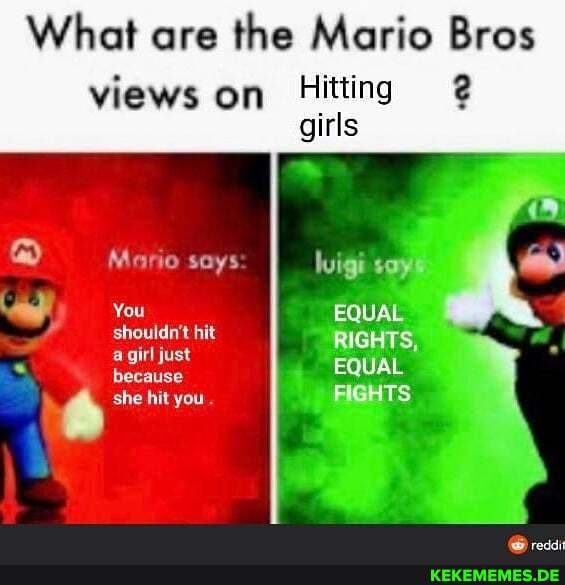 What are the Mario Bros
views on Hitting
girls
Mario says luigi soy
You EQUAL shouldn't hit
girl just
RIGHTS, because EQUAL she hit you . FIGHTS