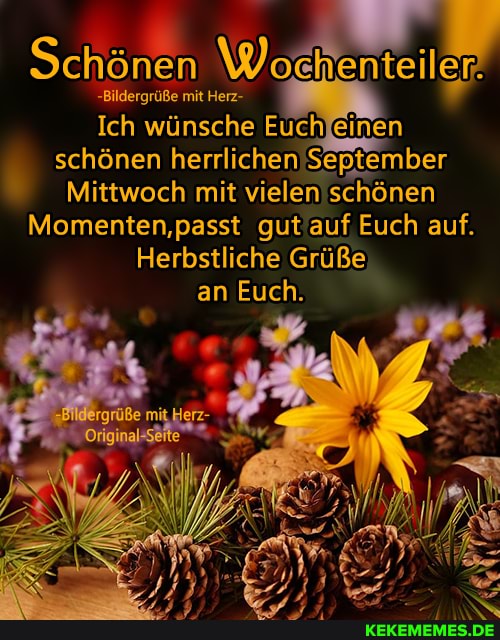 Schö
-Bildergrüße mit Herz-
Ich wünsche Euchfeinen schönen herrlichen September
Mittwoch mit vielen schönen
Momenten,passt gut auf Euch auf.
Herbstliche Grüße an Euch.