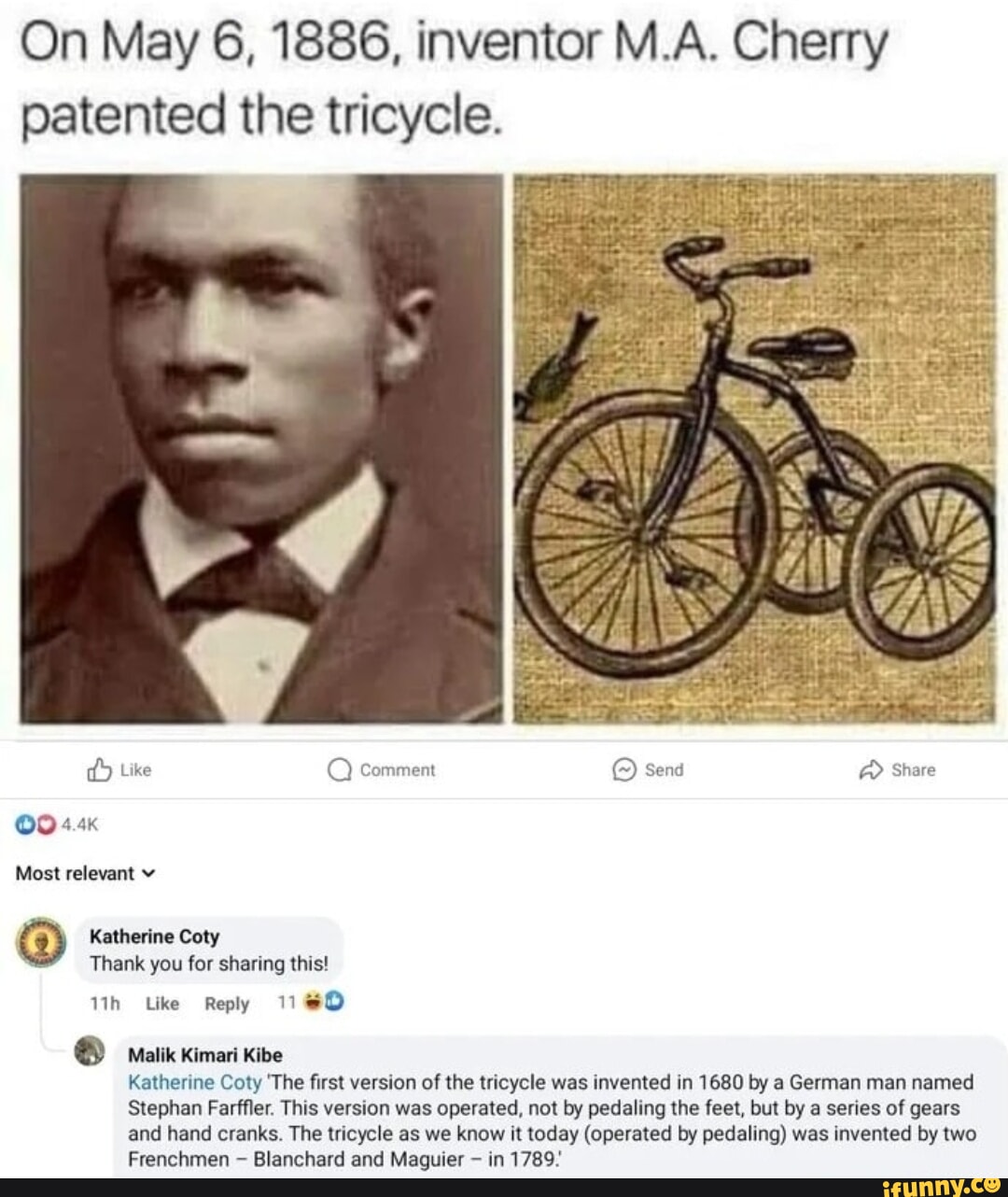 On May 6, 1886, inventor M.A. Cherry patented the tricycle. Like Q